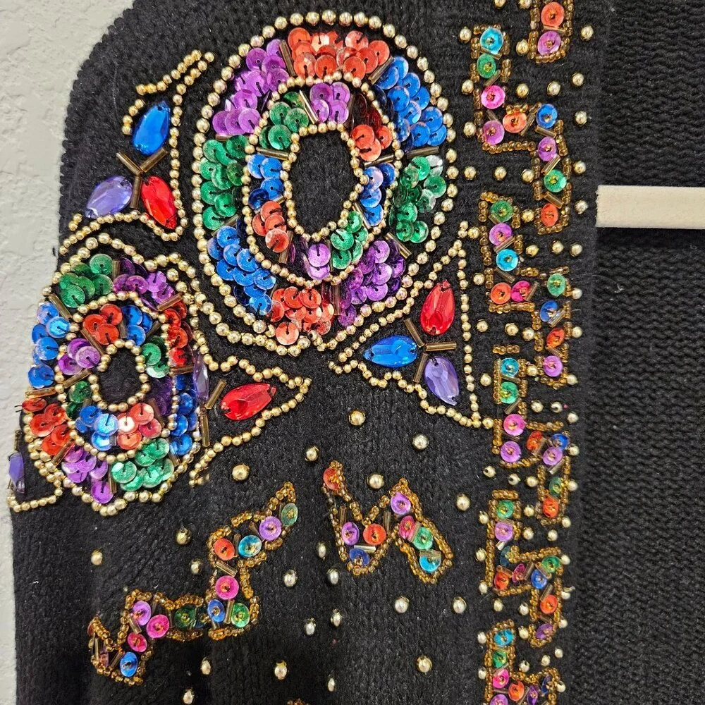 Cristina Woman Size L VTG Embellished Silk Angora blend Cardigan Art Colorful - Picture 2 of 8